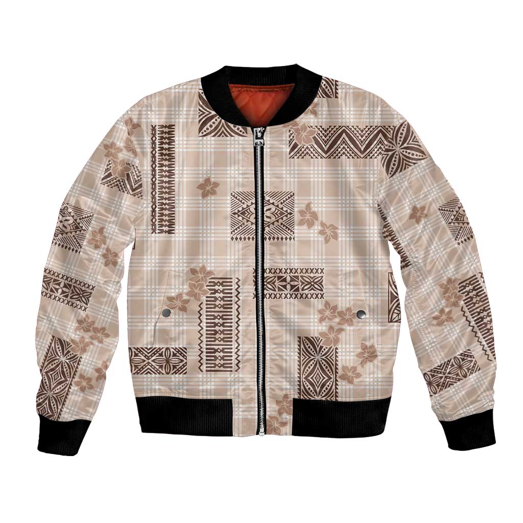 Hawaiian Quilt Tapa On Beige Palaka Motifs Bomber Jacket LT7 Unisex Beige - Polynesian Pride