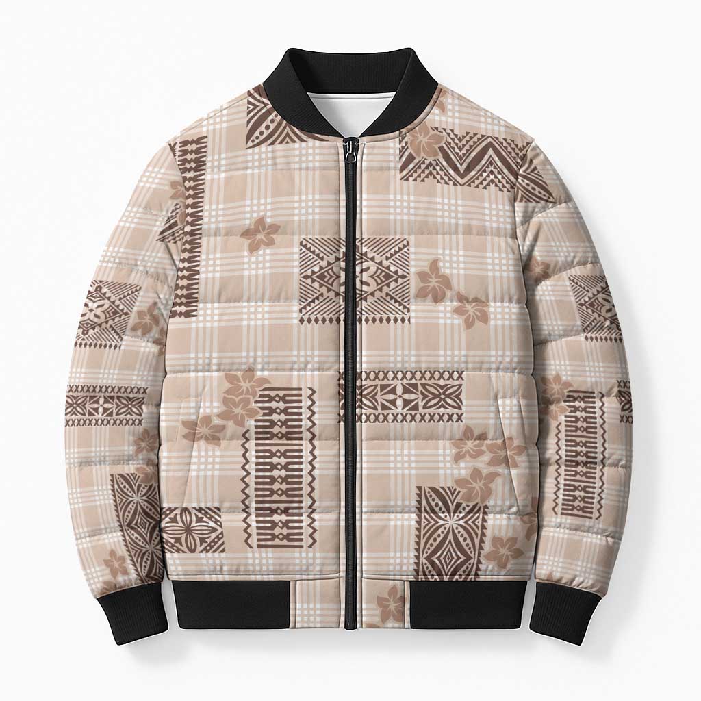 Hawaiian Quilt Tapa On Beige Palaka Motifs Bomber Puffer Jacket LT7 Unisex Beige - Polynesian Pride