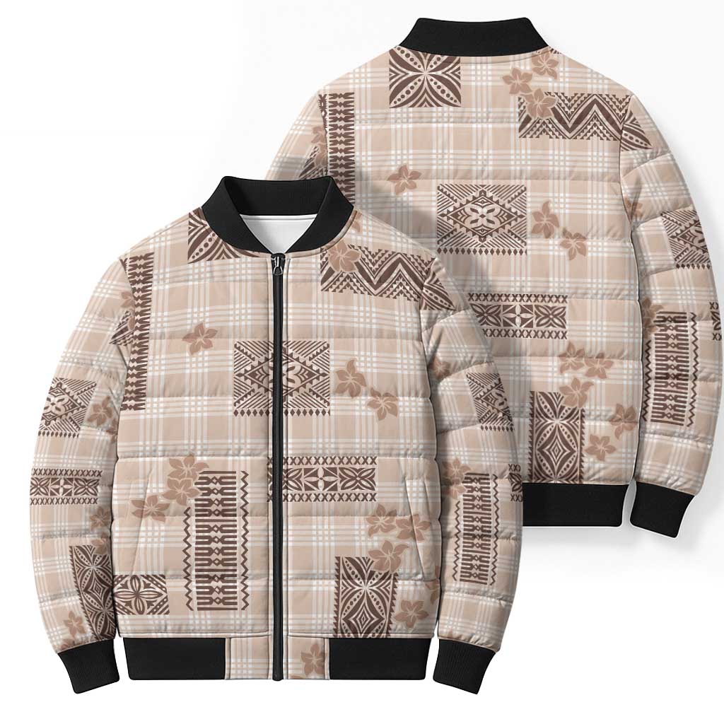 Hawaiian Quilt Tapa On Beige Palaka Motifs Bomber Puffer Jacket LT7 - Polynesian Pride