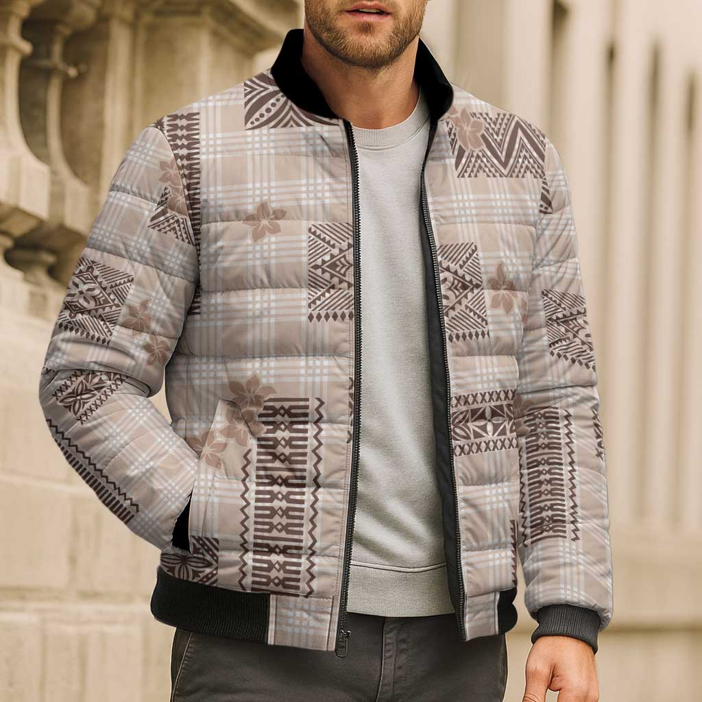 Hawaiian Quilt Tapa On Beige Palaka Motifs Bomber Puffer Jacket LT7 - Polynesian Pride