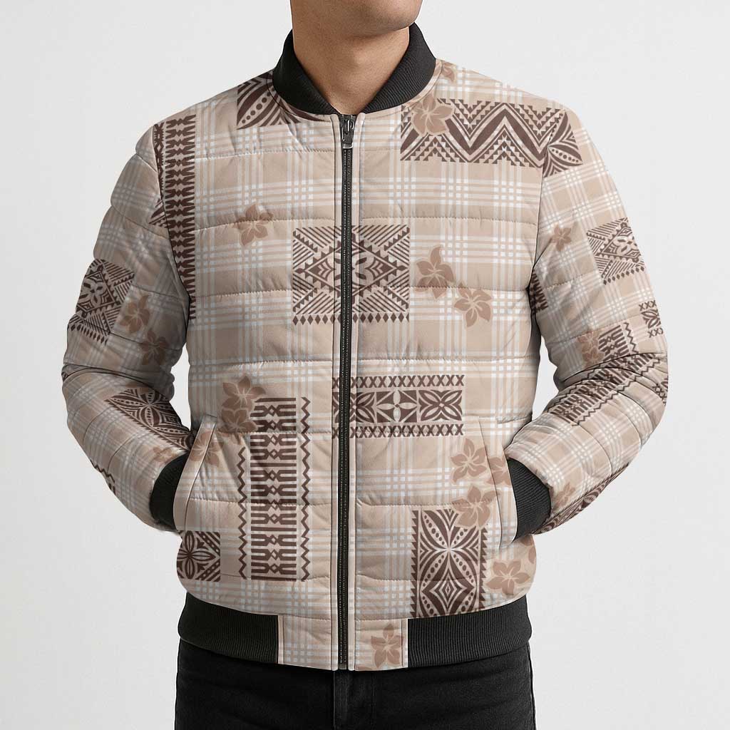 Hawaiian Quilt Tapa On Beige Palaka Motifs Bomber Puffer Jacket LT7 - Polynesian Pride