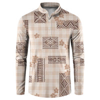 Hawaiian Quilt Tapa On Beige Palaka Motifs Button Sweatshirt LT7 Beige - Polynesian Pride