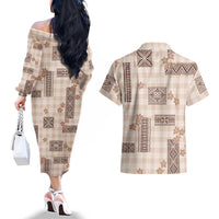 Hawaiian Quilt Tapa On Beige Palaka Motifs Couples Matching Off The Shoulder Long Sleeve Dress and Hawaiian Shirt
