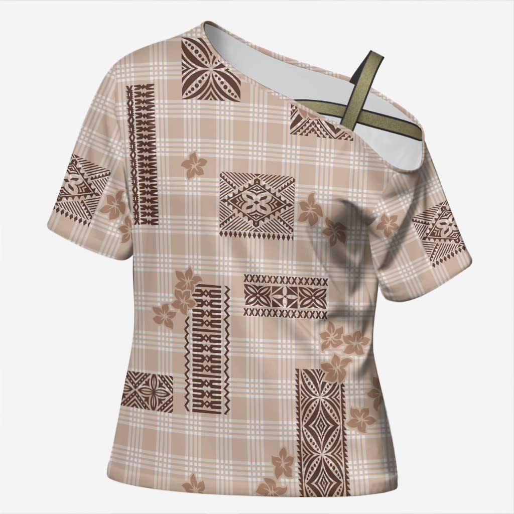 Hawaiian Quilt Tapa On Beige Palaka Motifs Cross Shoulder Shirt LT7 Female Beige - Polynesian Pride