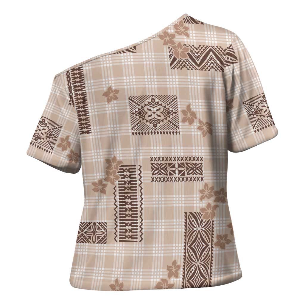 Hawaiian Quilt Tapa On Beige Palaka Motifs Cross Shoulder Shirt LT7 - Polynesian Pride