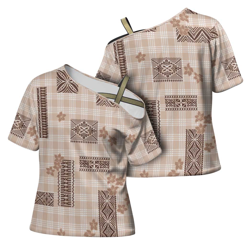 Hawaiian Quilt Tapa On Beige Palaka Motifs Cross Shoulder Shirt LT7 - Polynesian Pride