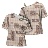Hawaiian Quilt Tapa On Beige Palaka Motifs Cross Shoulder Shirt LT7 - Polynesian Pride