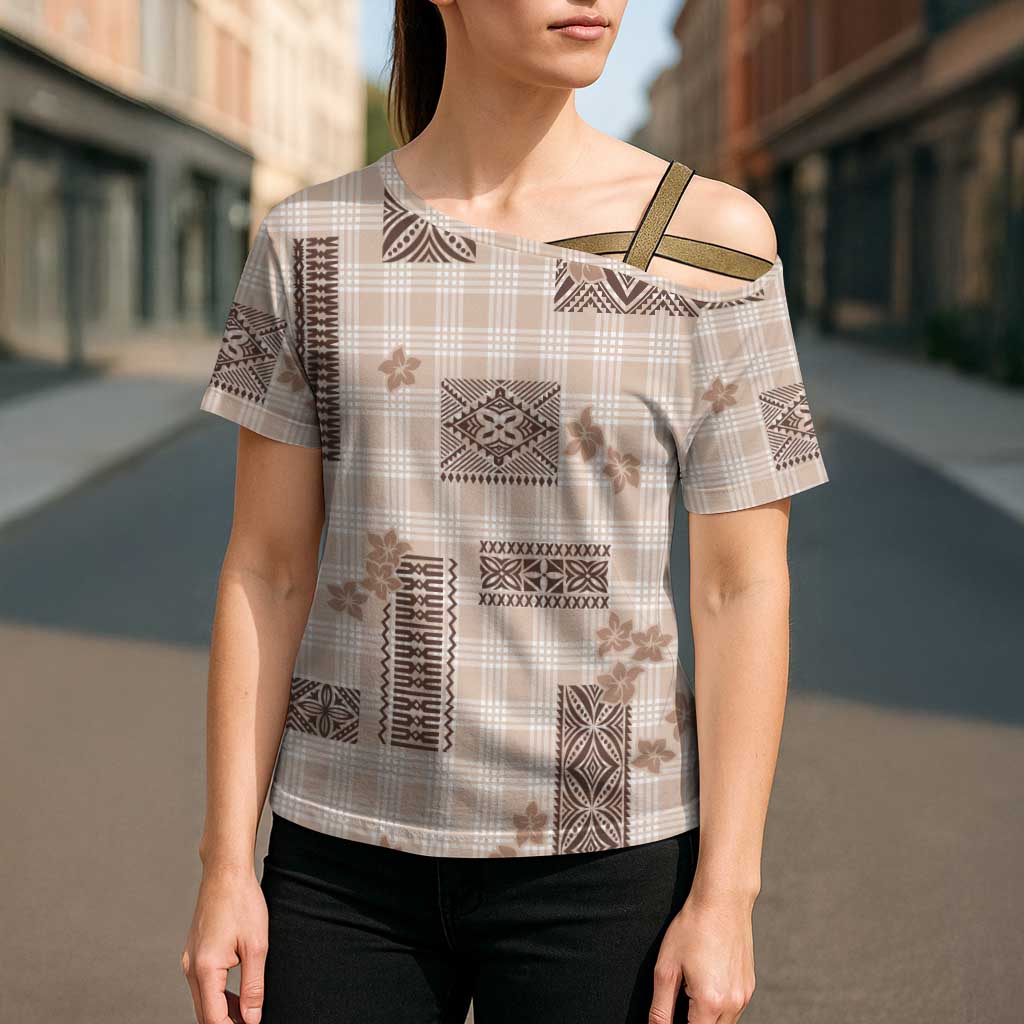 Hawaiian Quilt Tapa On Beige Palaka Motifs Cross Shoulder Shirt LT7 - Polynesian Pride