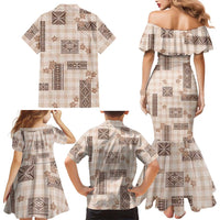 Hawaiian Quilt Tapa On Beige Palaka Motifs Family Matching Mermaid Dress and Hawaiian Shirt