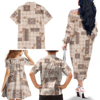 Hawaiian Quilt Tapa On Beige Palaka Motifs Family Matching Off The Shoulder Long Sleeve Dress and Hawaiian Shirt