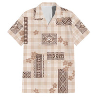 Hawaiian Quilt Tapa On Beige Palaka Motifs Family Matching Off The Shoulder Long Sleeve Dress and Hawaiian Shirt