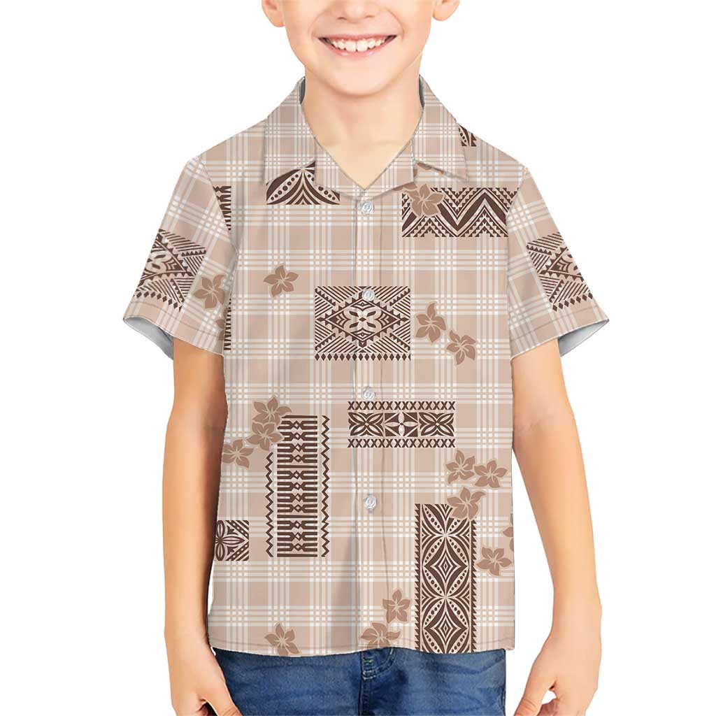 Hawaiian Quilt Tapa On Beige Palaka Motifs Family Matching Off The Shoulder Long Sleeve Dress and Hawaiian Shirt