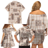 Hawaiian Quilt Tapa On Beige Palaka Motifs Family Matching Off Shoulder Short Dress and Hawaiian Shirt