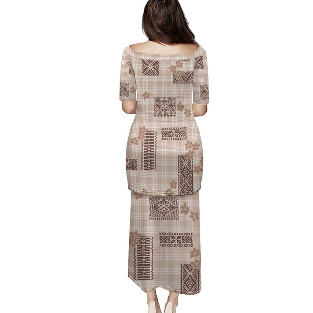 Hawaiian Quilt Tapa On Beige Palaka Motifs Family Matching Puletasi and Hawaiian Shirt