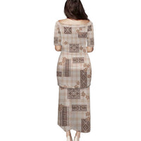 Hawaiian Quilt Tapa On Beige Palaka Motifs Family Matching Puletasi and Hawaiian Shirt