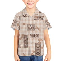 Hawaiian Quilt Tapa On Beige Palaka Motifs Family Matching Puletasi and Hawaiian Shirt