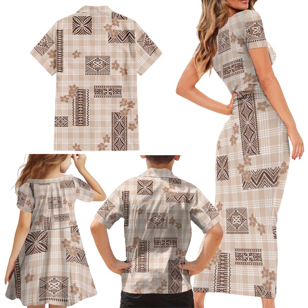 Hawaiian Quilt Tapa On Beige Palaka Motifs Family Matching Short Sleeve Bodycon Dress and Hawaiian Shirt