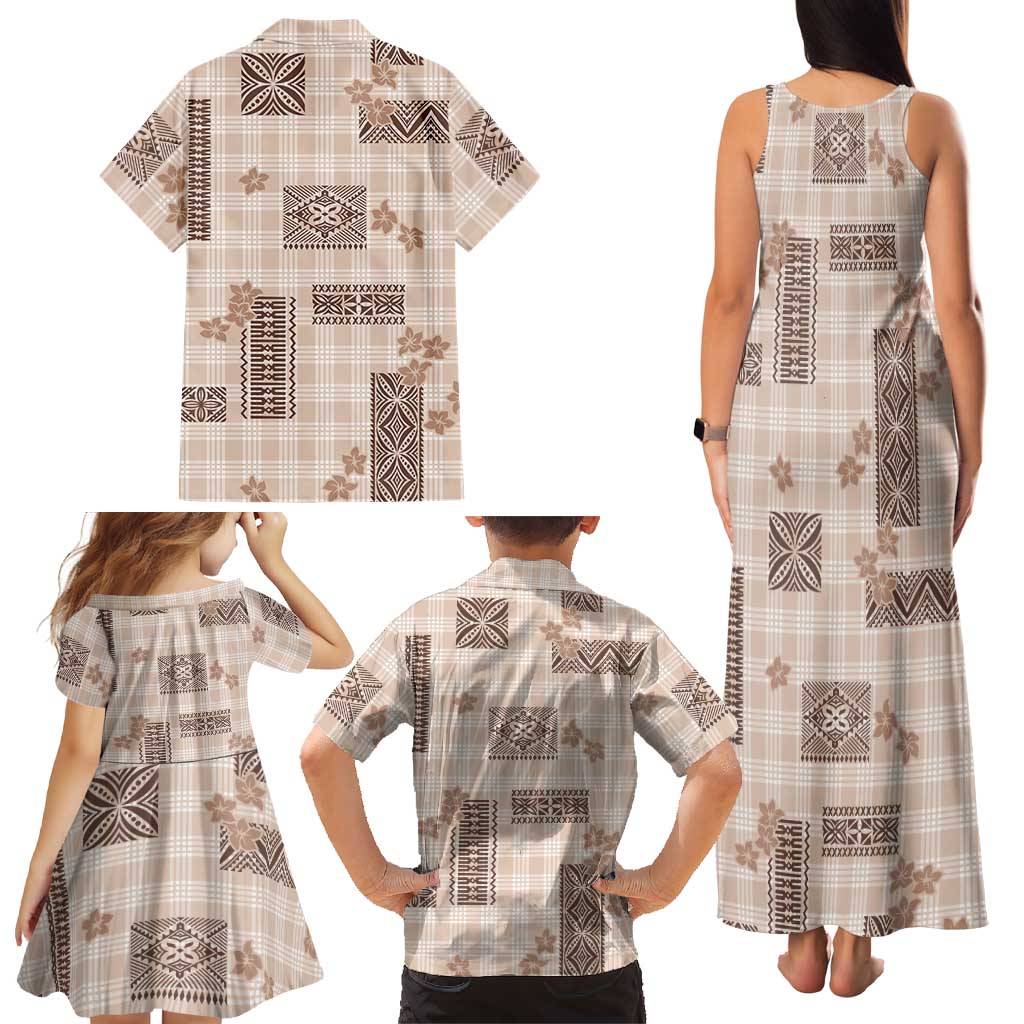 Hawaiian Quilt Tapa On Beige Palaka Motifs Family Matching Tank Maxi Dress and Hawaiian Shirt