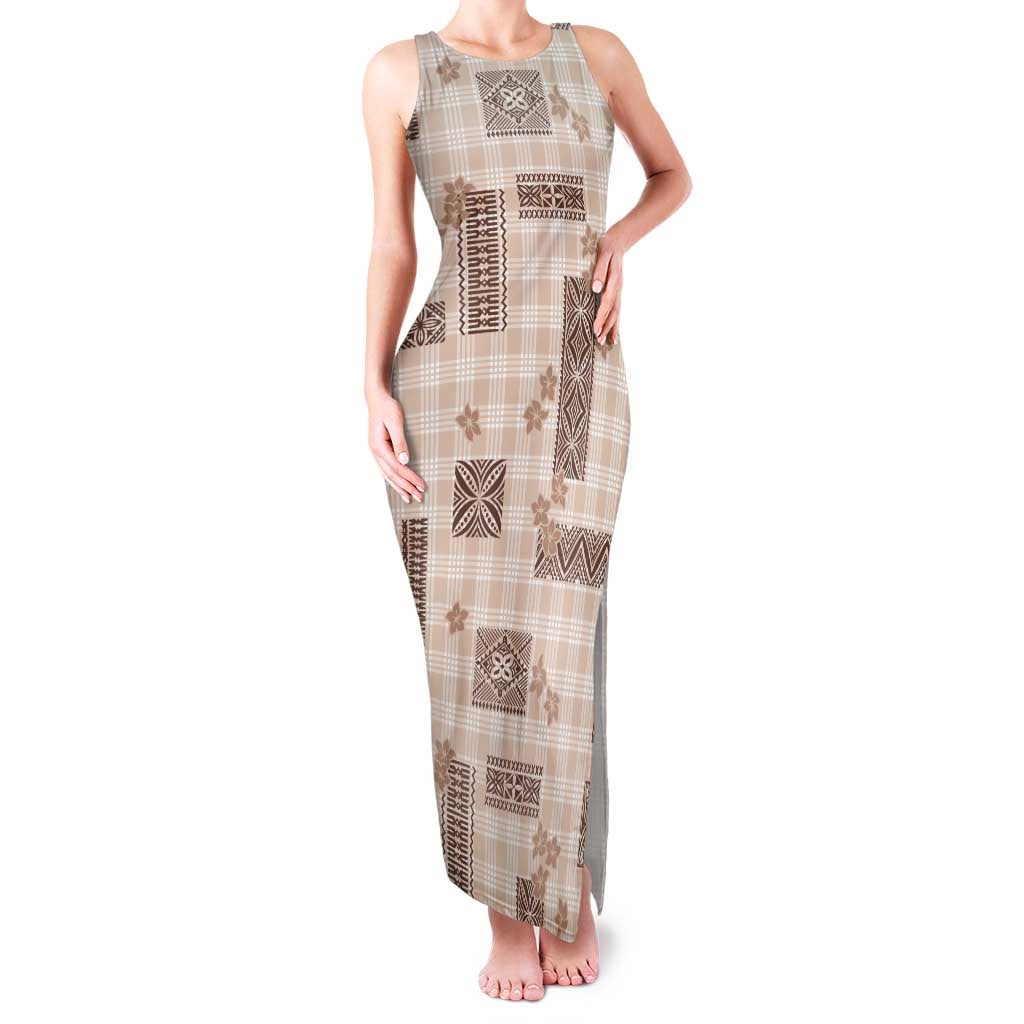 Hawaiian Quilt Tapa On Beige Palaka Motifs Family Matching Tank Maxi Dress and Hawaiian Shirt