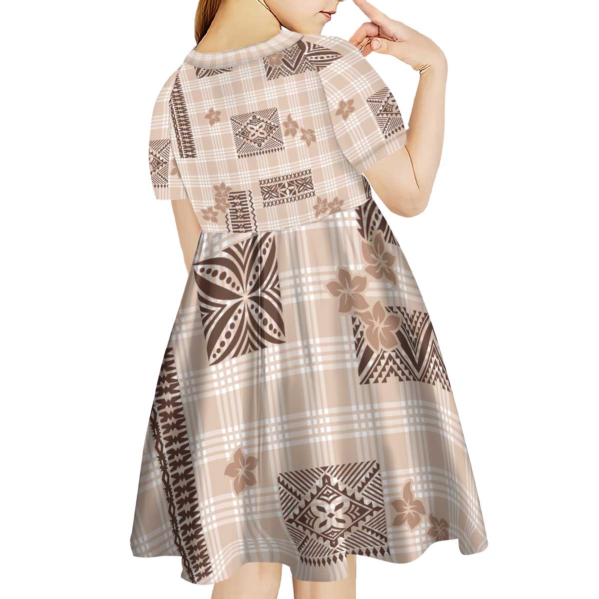 Hawaiian Quilt Tapa On Beige Palaka Motifs Kid Short Sleeve Dress LT7 - Polynesian Pride