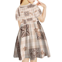 Hawaiian Quilt Tapa On Beige Palaka Motifs Kid Short Sleeve Dress LT7 - Polynesian Pride