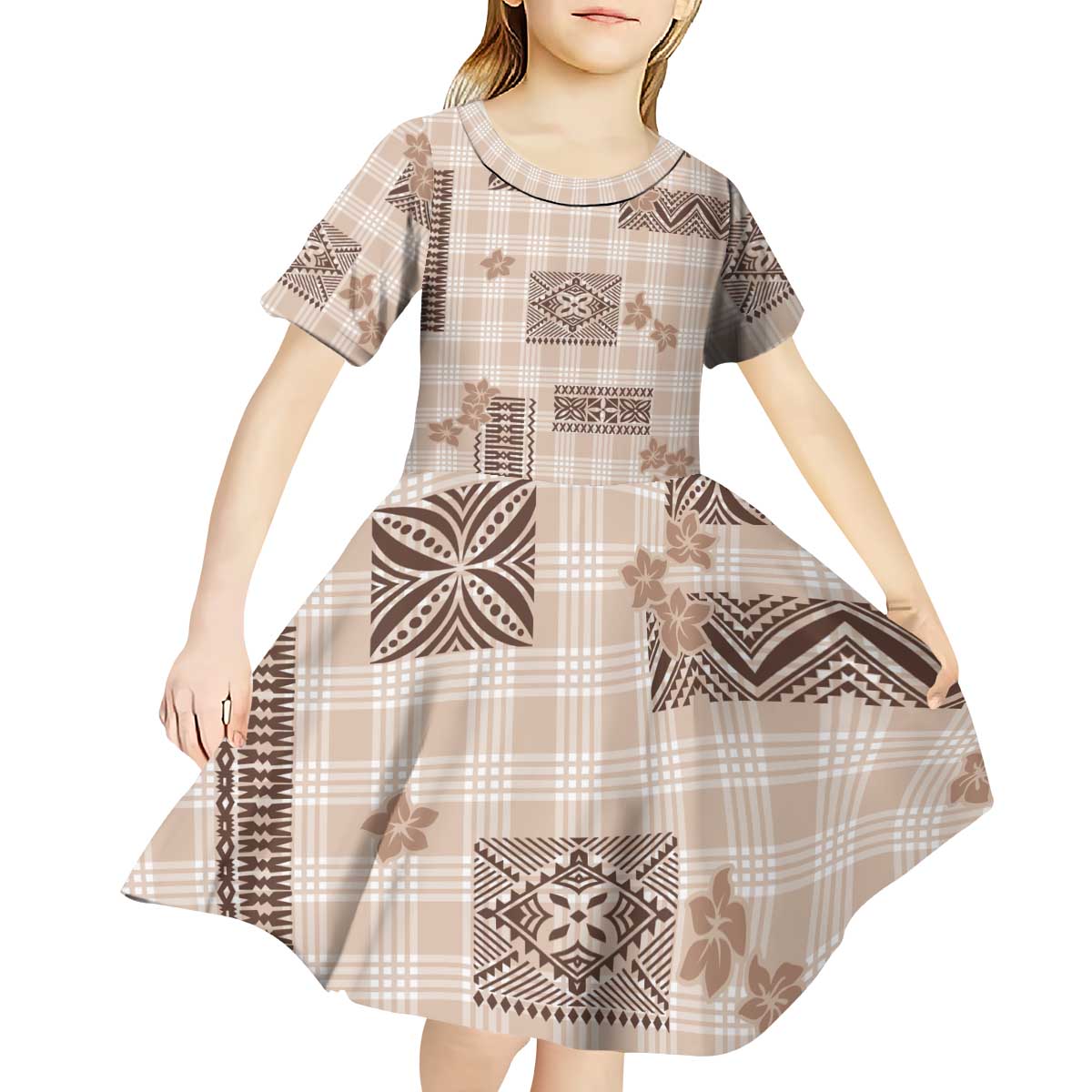 Hawaiian Quilt Tapa On Beige Palaka Motifs Kid Short Sleeve Dress LT7 - Polynesian Pride
