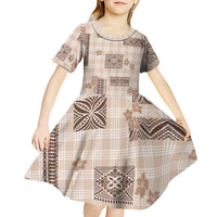 Hawaiian Quilt Tapa On Beige Palaka Motifs Kid Short Sleeve Dress LT7 - Polynesian Pride