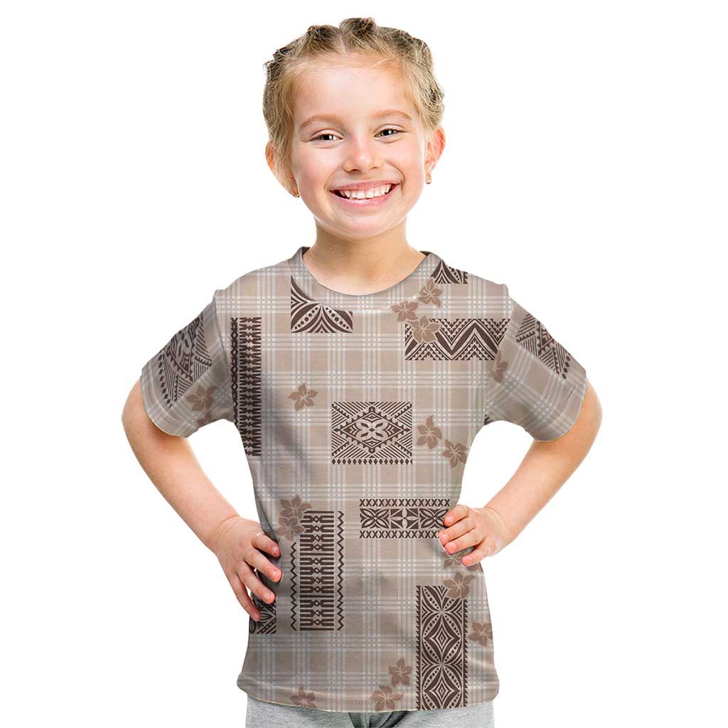 Hawaiian Quilt Tapa On Beige Palaka Motifs Kid T Shirt LT7 Beige - Polynesian Pride