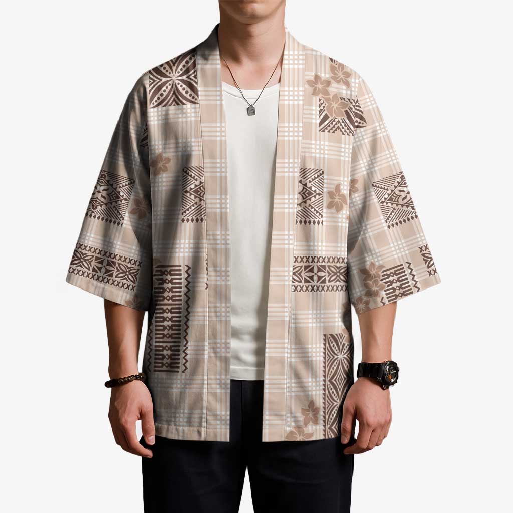 Hawaiian Quilt Tapa On Beige Palaka Motifs Kimono LT7 - Polynesian Pride