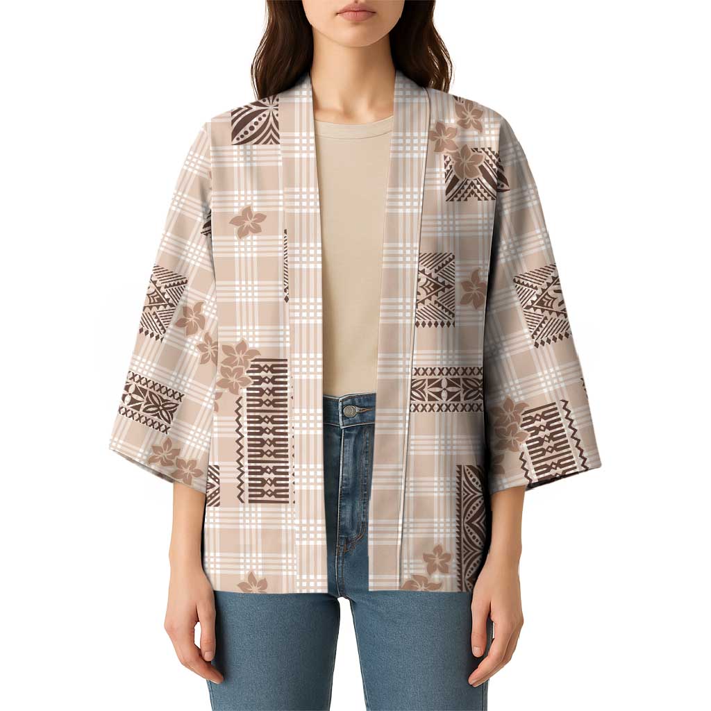 Hawaiian Quilt Tapa On Beige Palaka Motifs Kimono LT7 - Polynesian Pride
