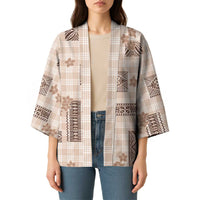 Hawaiian Quilt Tapa On Beige Palaka Motifs Kimono LT7 - Polynesian Pride