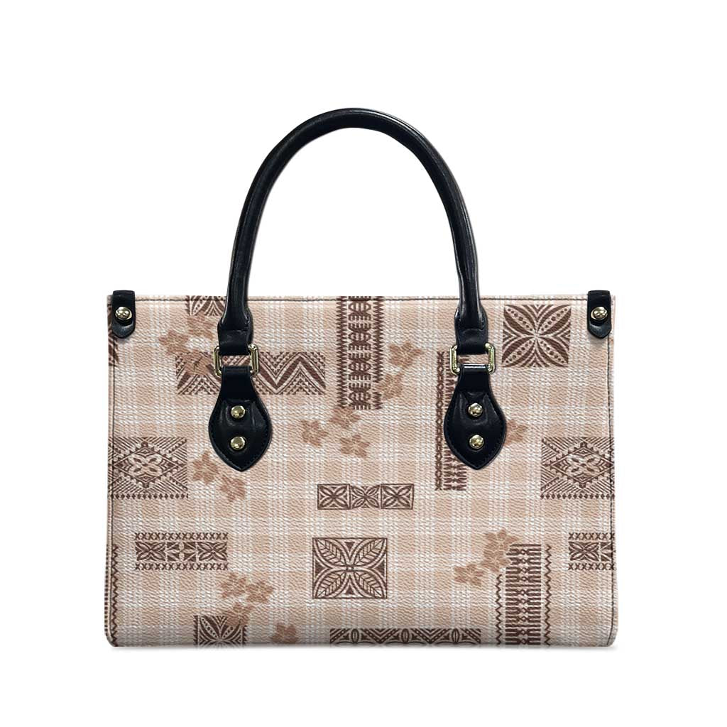 Hawaiian Quilt Tapa On Beige Palaka Motifs Leather Bag LT7 - Polynesian Pride