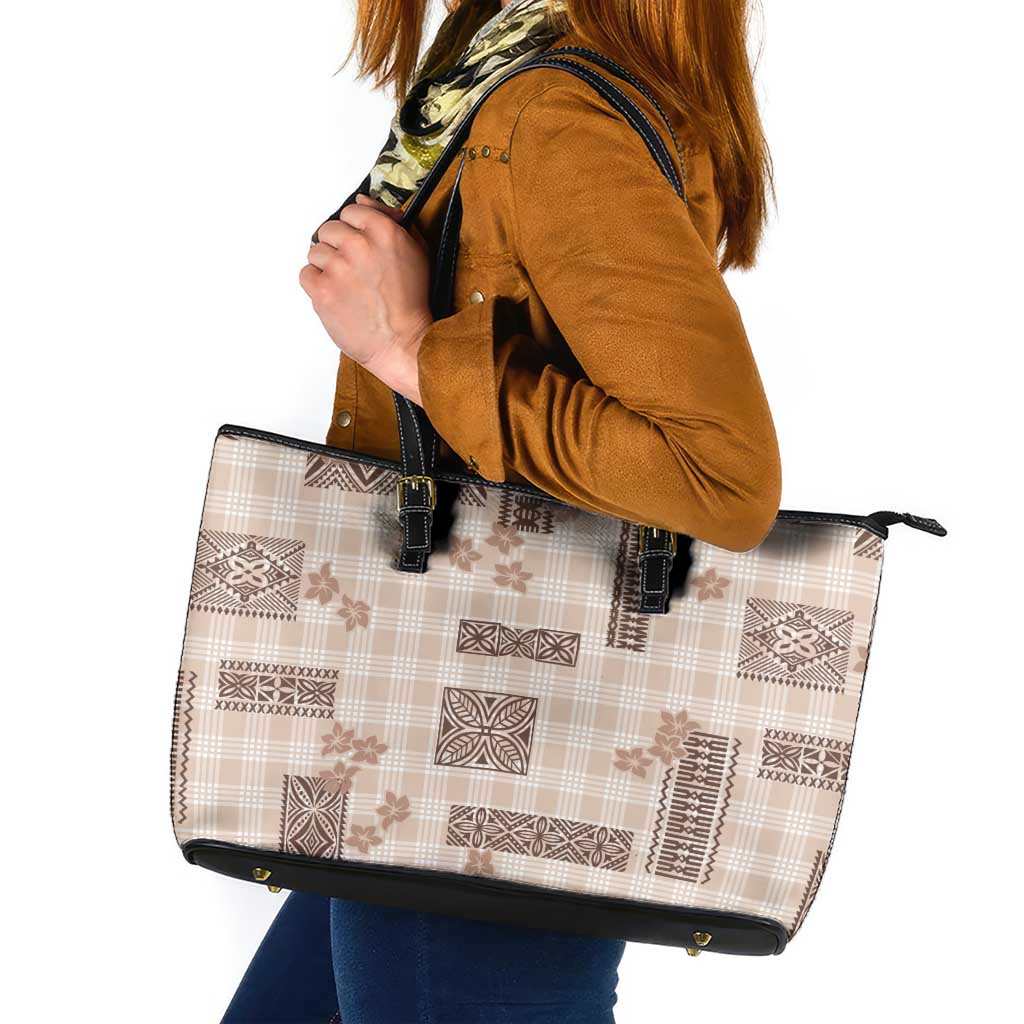Hawaiian Quilt Tapa On Beige Palaka Motifs Leather Tote Bag LT7 Beige - Polynesian Pride