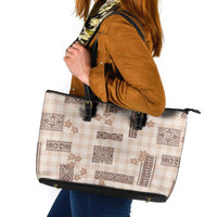 Hawaiian Quilt Tapa On Beige Palaka Motifs Leather Tote Bag LT7 Beige - Polynesian Pride