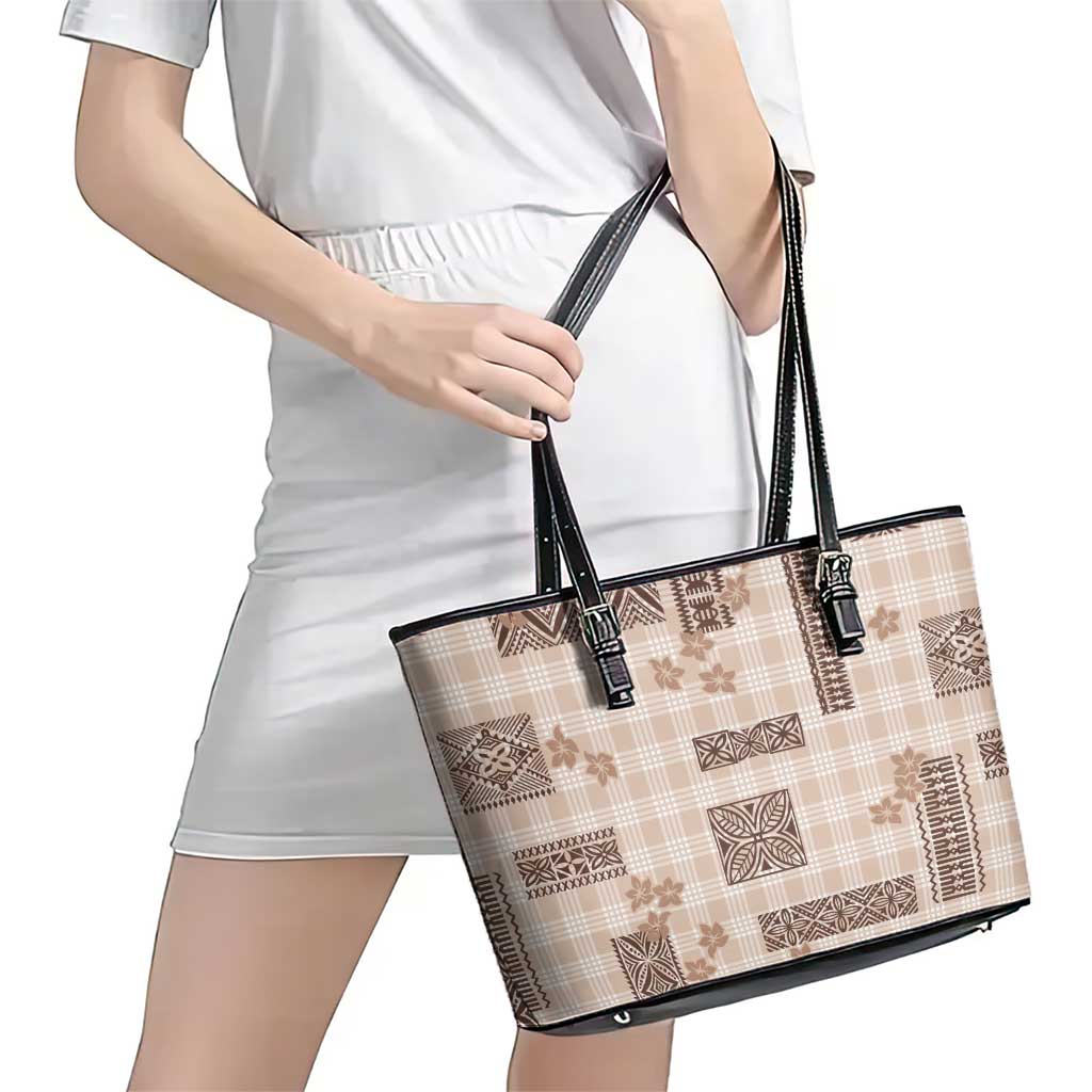 Hawaiian Quilt Tapa On Beige Palaka Motifs Leather Tote Bag LT7 - Polynesian Pride