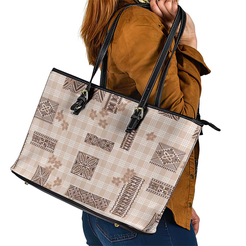 Hawaiian Quilt Tapa On Beige Palaka Motifs Leather Tote Bag LT7 - Polynesian Pride