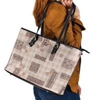 Hawaiian Quilt Tapa On Beige Palaka Motifs Leather Tote Bag LT7 - Polynesian Pride