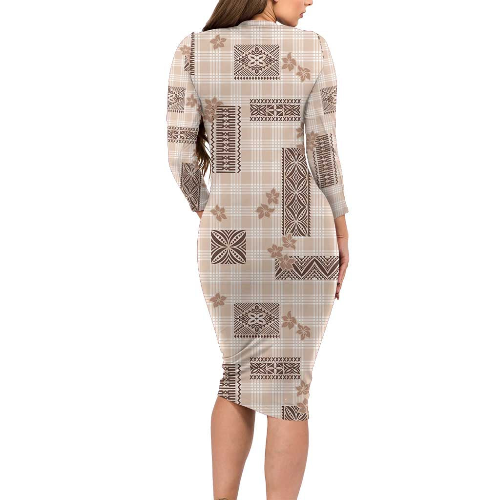 Hawaiian Quilt Tapa On Beige Palaka Motifs Long Sleeve Bodycon Dress LT7 - Polynesian Pride