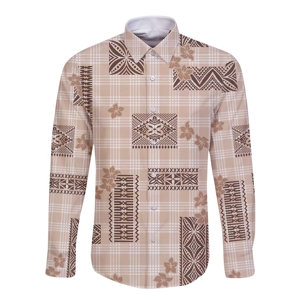 Hawaiian Quilt Tapa On Beige Palaka Motifs Long Sleeve Button Shirt LT7 Unisex Beige - Polynesian Pride