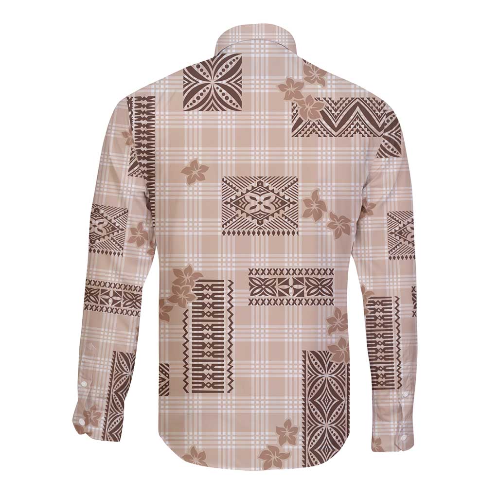 Hawaiian Quilt Tapa On Beige Palaka Motifs Long Sleeve Button Shirt LT7 - Polynesian Pride