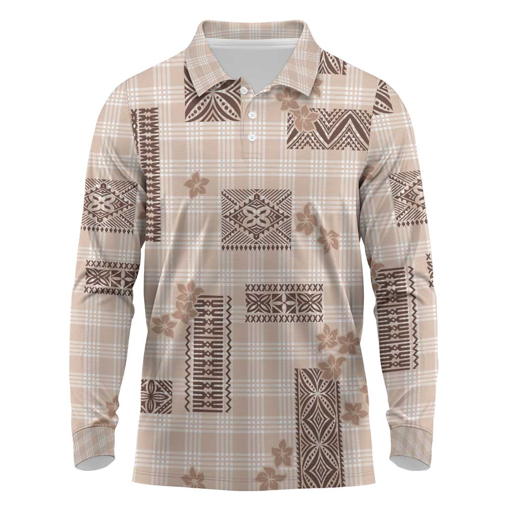 Hawaiian Quilt Tapa On Beige Palaka Motifs Long Sleeve Polo Shirt LT7 Beige - Polynesian Pride