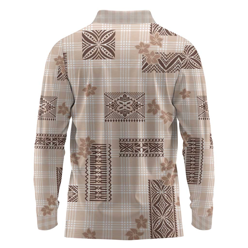 Hawaiian Quilt Tapa On Beige Palaka Motifs Long Sleeve Polo Shirt LT7 - Polynesian Pride