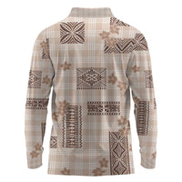 Hawaiian Quilt Tapa On Beige Palaka Motifs Long Sleeve Polo Shirt LT7 - Polynesian Pride