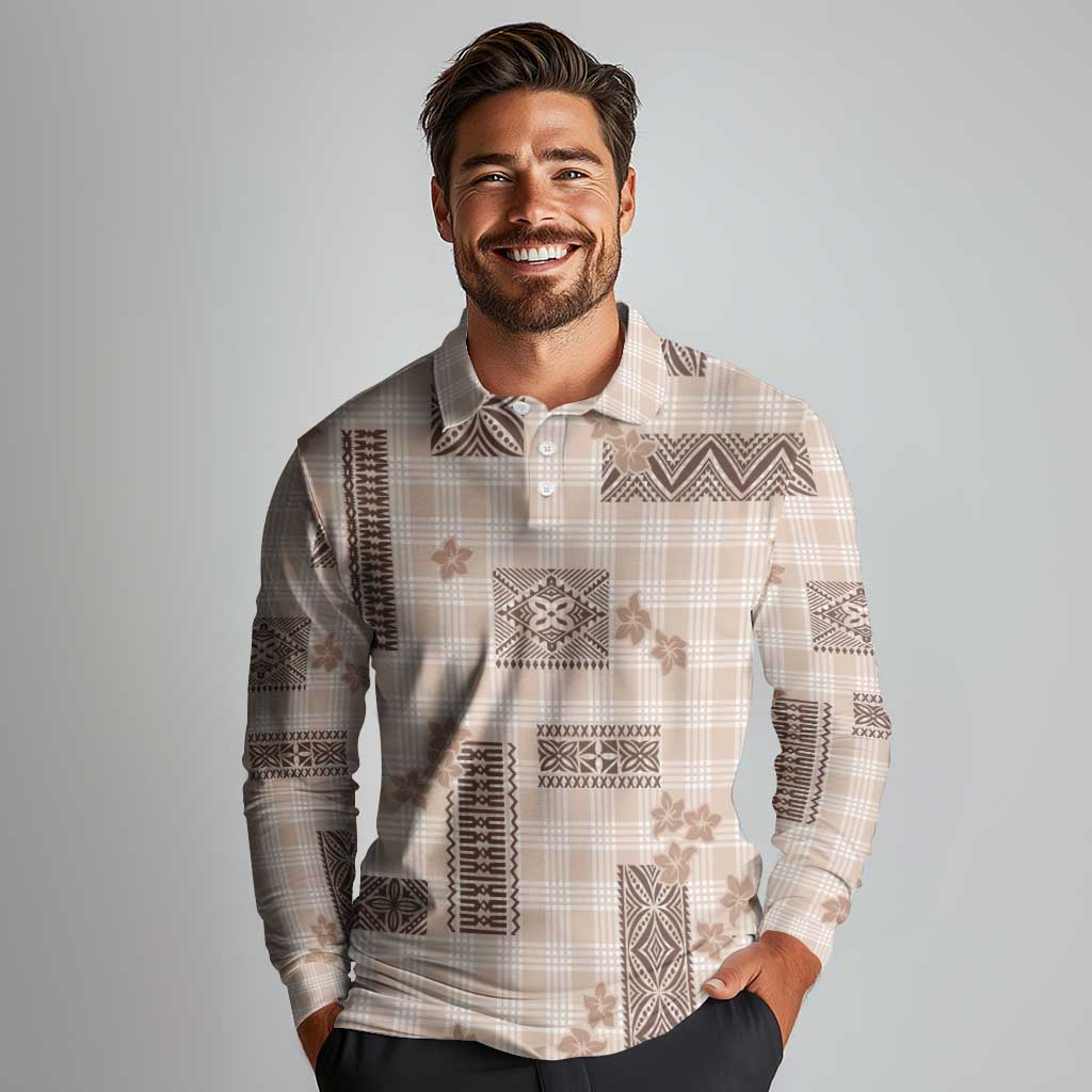 Hawaiian Quilt Tapa On Beige Palaka Motifs Long Sleeve Polo Shirt LT7 - Polynesian Pride