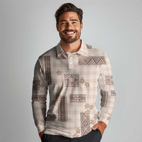 Hawaiian Quilt Tapa On Beige Palaka Motifs Long Sleeve Polo Shirt LT7 - Polynesian Pride