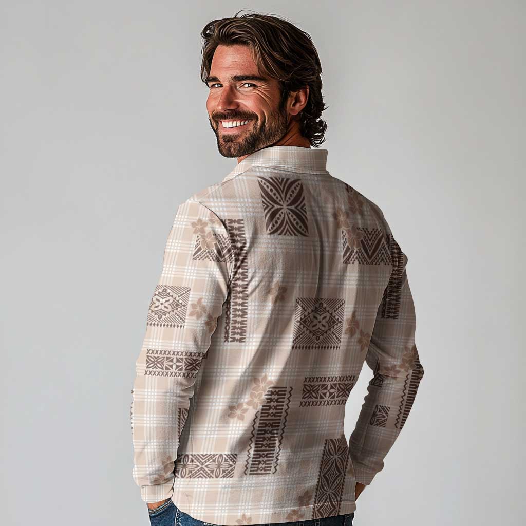 Hawaiian Quilt Tapa On Beige Palaka Motifs Long Sleeve Polo Shirt LT7 - Polynesian Pride