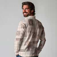 Hawaiian Quilt Tapa On Beige Palaka Motifs Long Sleeve Polo Shirt LT7 - Polynesian Pride