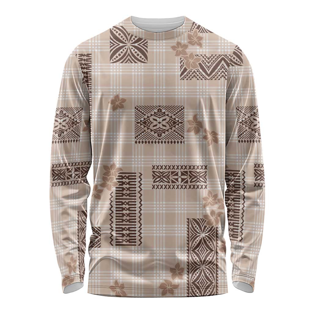 Hawaiian Quilt Tapa On Beige Palaka Motifs Long Sleeve Shirt LT7 Unisex Beige - Polynesian Pride
