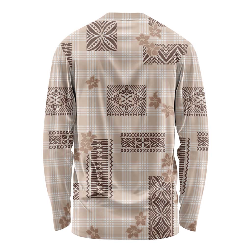 Hawaiian Quilt Tapa On Beige Palaka Motifs Long Sleeve Shirt LT7 - Polynesian Pride