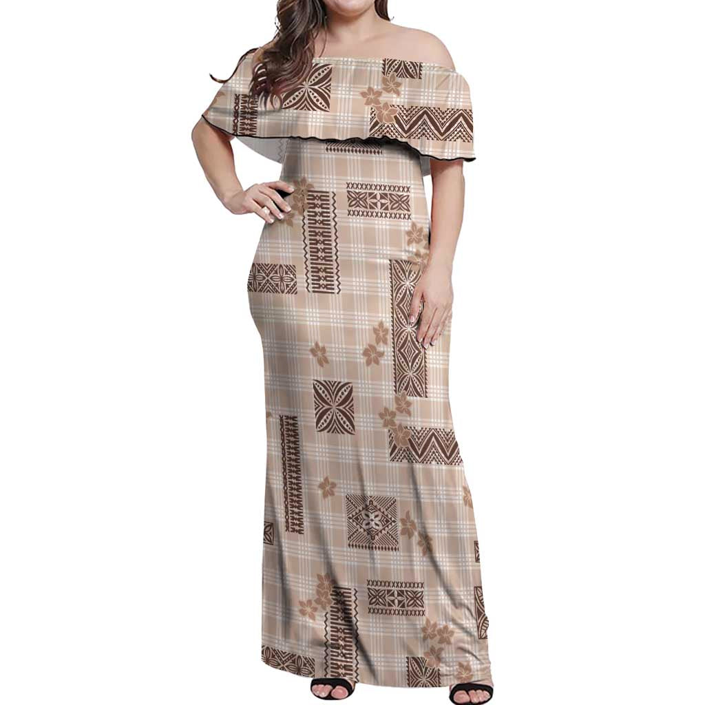 Hawaiian Quilt Tapa On Beige Palaka Motifs Off Shoulder Maxi Dress LT7 Women Beige - Polynesian Pride